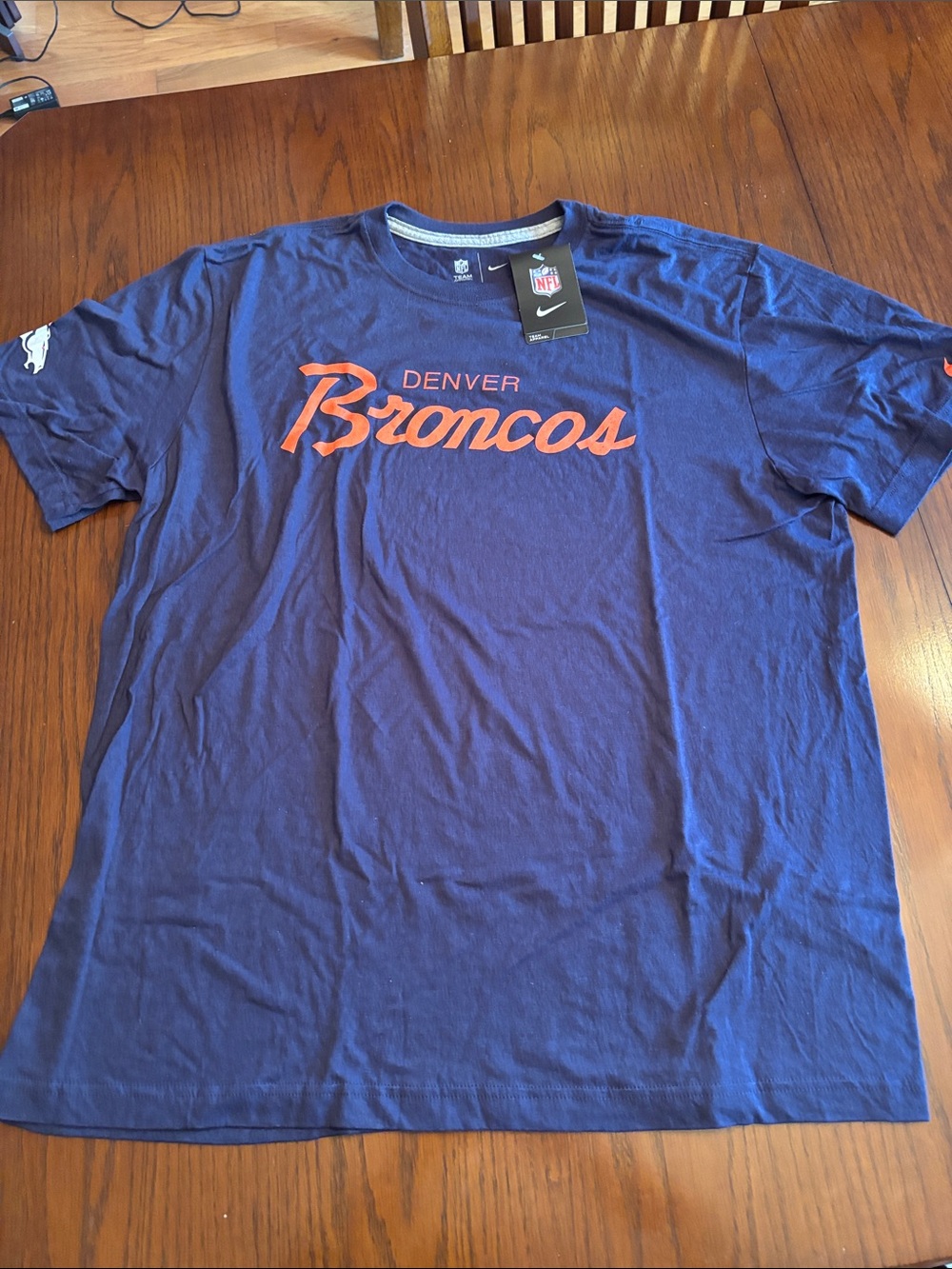 Nike Navy Denver Broncos Script Short Sleeve Tee with Orange Logo